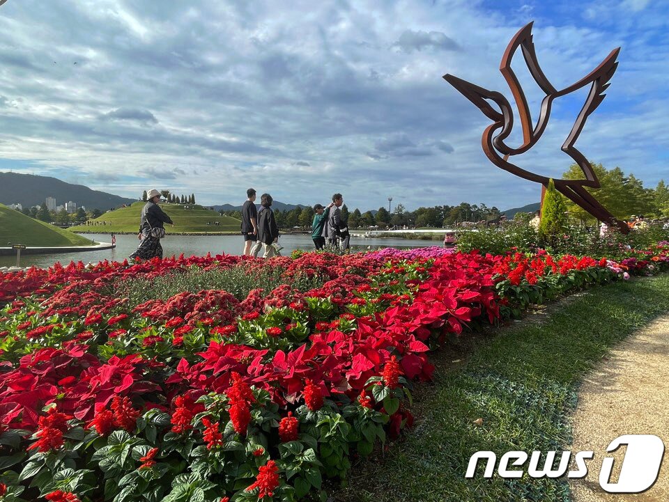 본문 이미지 - 9일 오전 순천만국제정원박람회장을 찾은 관람객들이 파란 가을하늘아래 포인세티아 꽃을 만끽하고 있다. 2023.10.9 /뉴스1 ⓒ News1 김태성 기자