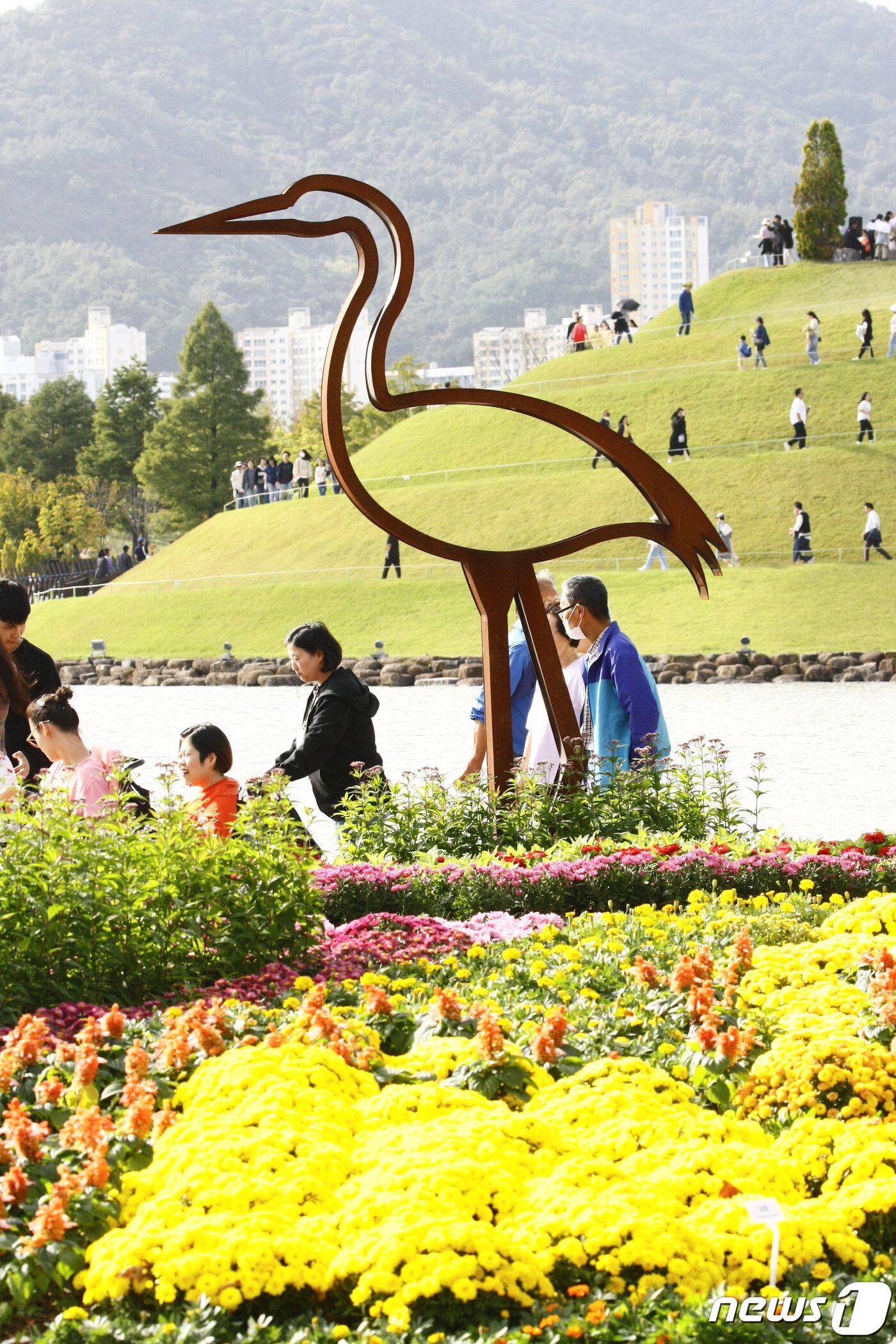 본문 이미지 - 9일 오전 순천만국제정원박람회장을 찾은 관람객들이 형형색색의 국화꽃을 만끽하고 있다. 2023.10.9 /뉴스1 ⓒ News1 김태성 기자