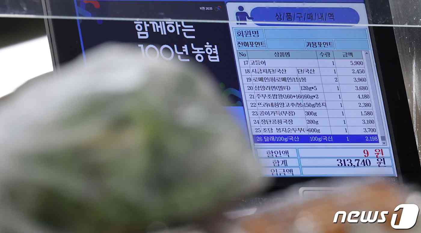 통계청의 10월 소비자물가 동향 발표를 하루 앞둔 1일 서울 서초구 하나로마트 양재점에서 한 시민이 계산을 하고 있다. 2023.11.1/뉴스1 © News1 김성진 기자