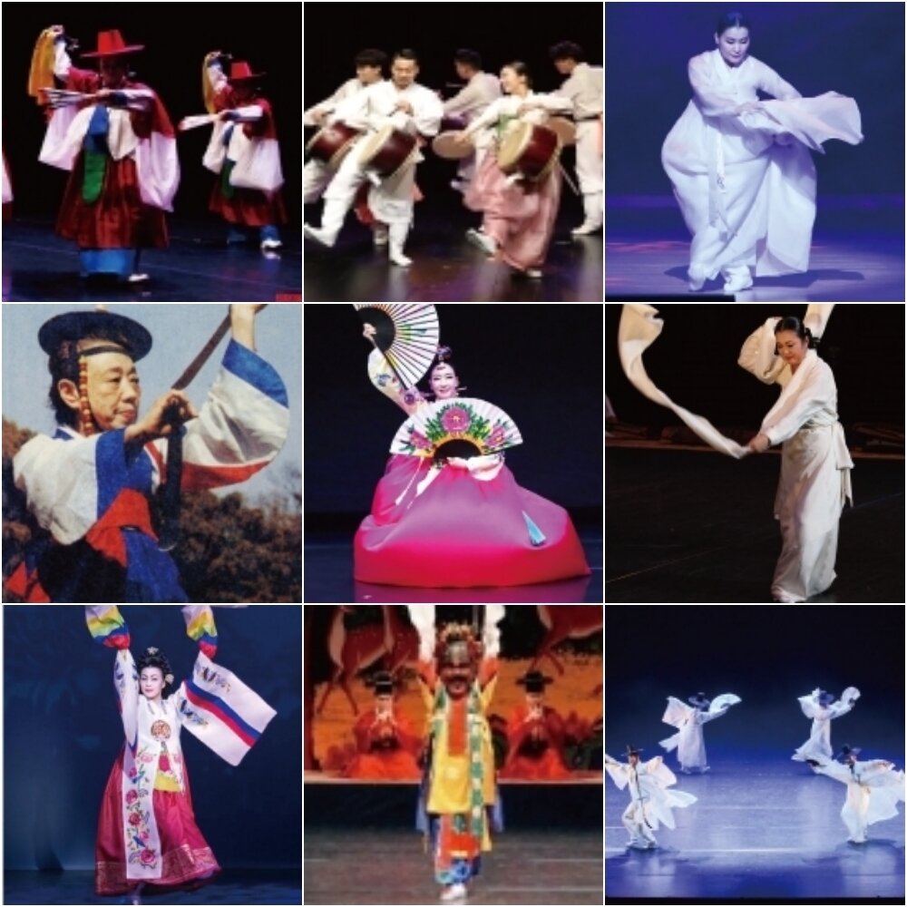 본문 이미지 - (사진 좌에서 우로 위에서 아래로) ‘2023 한국명작무대제전’ 둘째 날 공연되는 부정놀이춤, 진도북춤, 도살풀이춤, 구음검무, 김백봉부채춤, 처용무, 한량무.