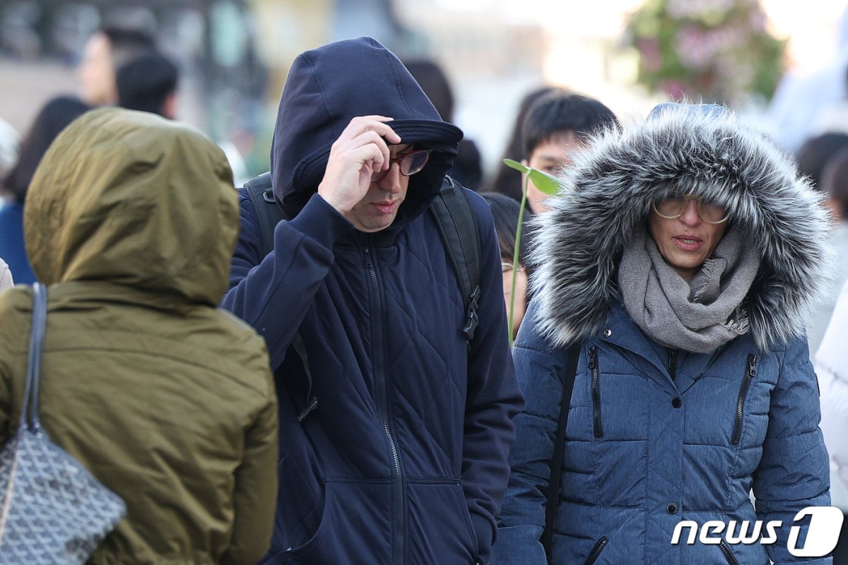 사흘째 초겨울 추위가 이어진 13일 서울 광화문 네거리에서 시민들이 두꺼운 옷을 입고 출근하고 있다. 2023.11.13/뉴스1 © News1 신웅수 기자