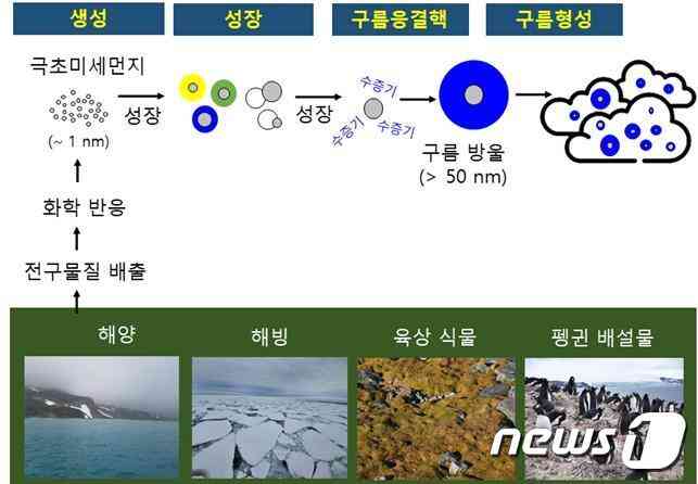 남극 세종과학기지 해양, 해빙, 육상식물, 펭귄 배설물에서 배출된 전구물질로 인해서 극초미세먼지가 생성·성장·구름응결핵이 되는 모식도(극지연구소 제공)