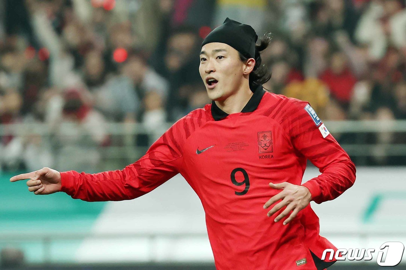 16일 서울 마포구 서울월드컵경기장에서 열린 2026 FIFA 북중미 월드컵 아시아 지역 2차 예선 C조 조별리그 대한민국과 싱가포르의 경기에서 조규성이 첫 골을 성공시킨 뒤 기뻐하고 있다. 2023.11.16/뉴스1 ⓒ News1 민경석 기자