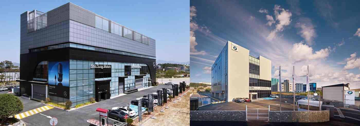 왼쪽부터 메르세데스-벤츠 광주 수완 전시장 및 서비스센터, BMW코리아 동탄 서비스센터(각 사 제공)