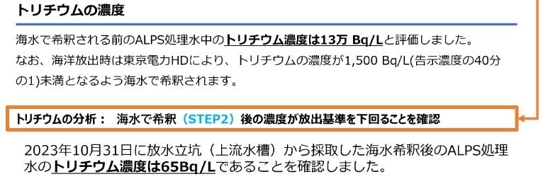 본문 이미지 - 국립연구개발법인 일본원자력연구개발기구 JAEA가 제3차 방사능오염수 해양방류를 앞두고 공표한 상류수조의 트리튬&#40;삼중수소&#41; 측정치. 리터당 65㏃&#40;베크렐&#41;이 검출됐다. &#40;10월31일 기준&#41; 2023.11.02/