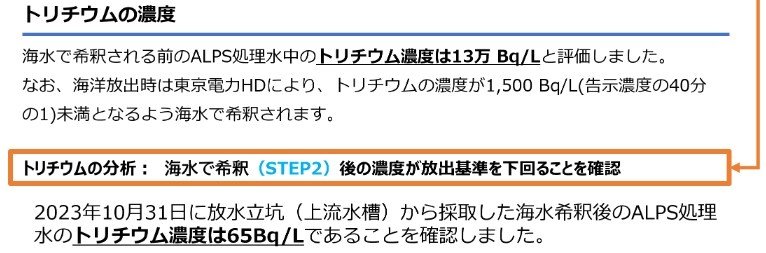 국립연구개발법인 일본원자력연구개발기구 JAEA가 제3차 방사능오염수 해양방류를 앞두고 공표한 상류수조의 트리튬&#40;삼중수소&#41; 측정치. 리터당 65㏃&#40;베크렐&#41;이 검출됐다. &#40;10월31일 기준&#41; 2023.11.02/