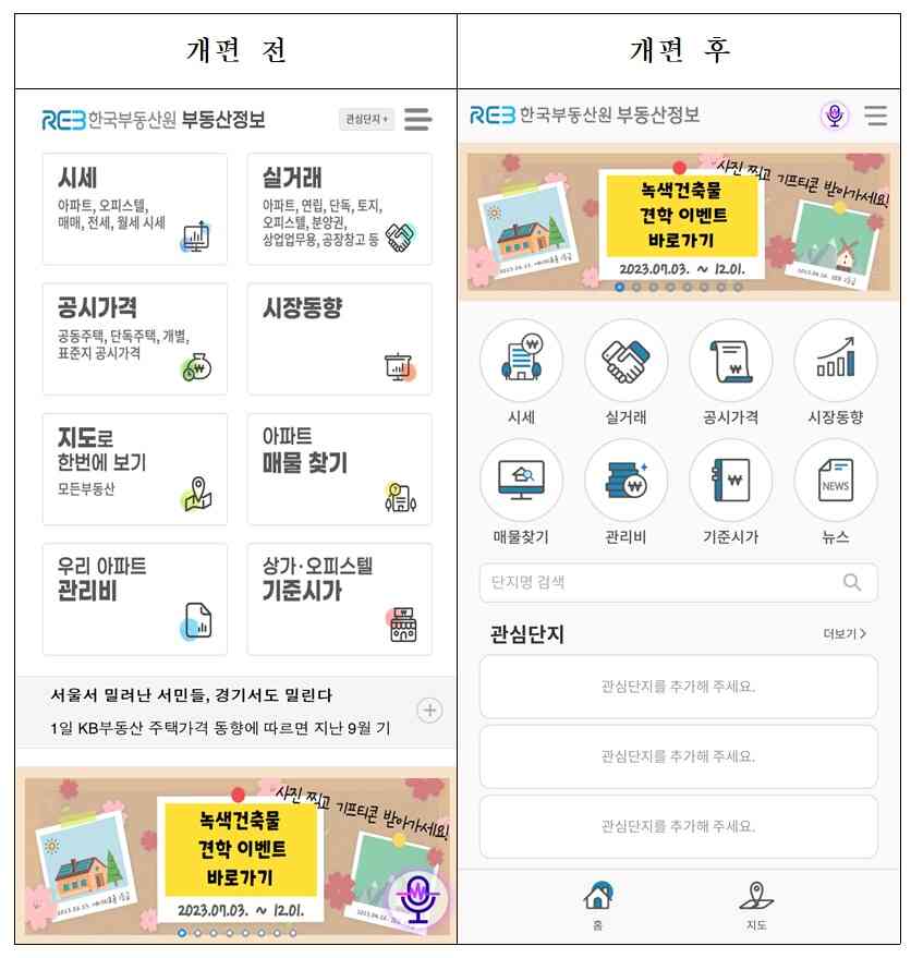 부동산정보앱 개편 전후 비교 모습(한국부동산원 제공)