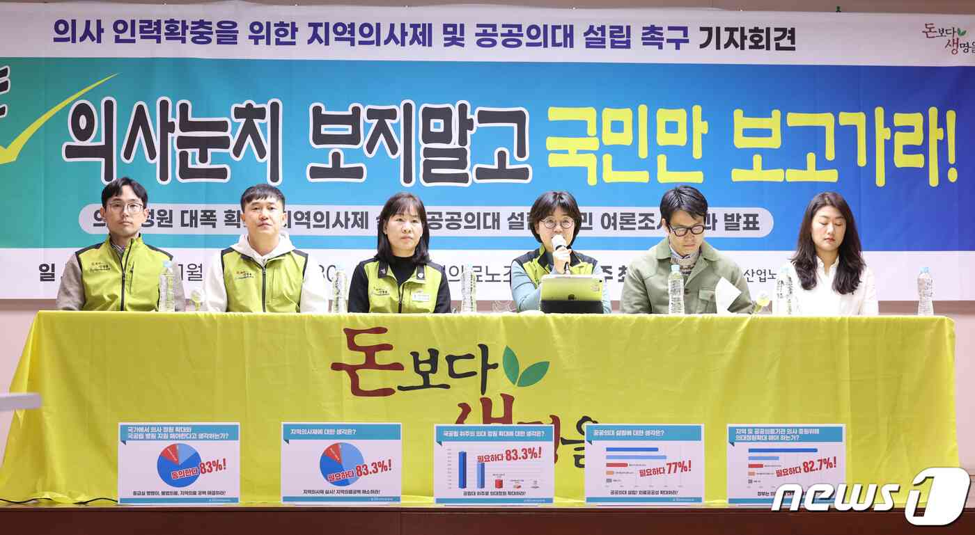 나순자 보건의료산업노조 위원장이 21일 오전 서울 영등포구 당산동 보건의료노조에서 열린 의사 인력 확충을 위한 지역의사제와 공공의대 설립 촉구 기자회견에서 발언하고 있다. 2023.11.21/뉴스1 © News1 신웅수 기자