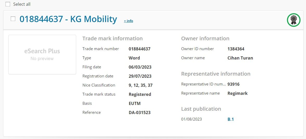 본문 이미지 - 유럽연합 지적재산권사무소(EUIPO) 홈페이지 화면 갈무리. 'KG Mobility'라는 명칭을 '시안 투란(Cihan Turan)'이 3월6일 등록한 것으로 나와있다.