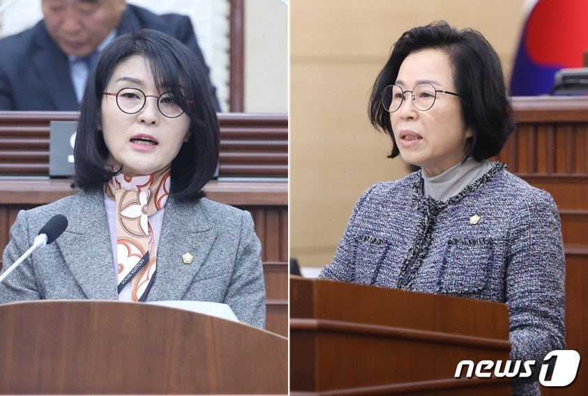 본문 이미지 - 계룡시의회 ‘제170회 정례회 2차 본회의’에서 김미정 의안심사특별위원회 위원장(왼쪽)과 최국락 예산결산특별위원회 위원장이 심사 결과를 보고하고 있다. (계룡시의회 제공) /뉴스1