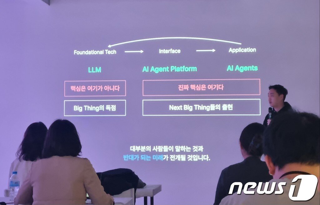 본문 이미지 - 김진우 라이너 대표가 '기술의 역사는 반복된다'는 내용을 설명하고 있다. ⓒ 뉴스1