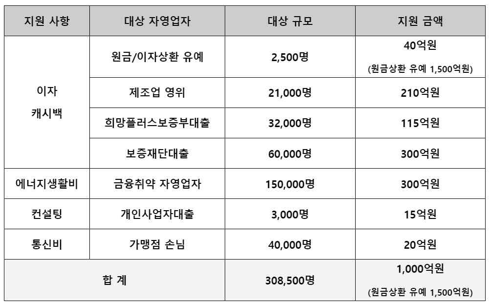 소상공인 금융 지원 프로그램 세부 내역. (하나은행 제공)