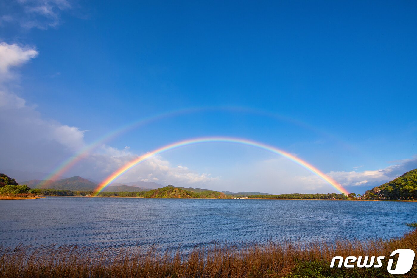 본문 이미지 - 강원 고성군 화진포 하늘에 행운을 상징하는 쌍무지개가 떠 있다.(고성군 제공)ⓒ News1 윤왕근 기자