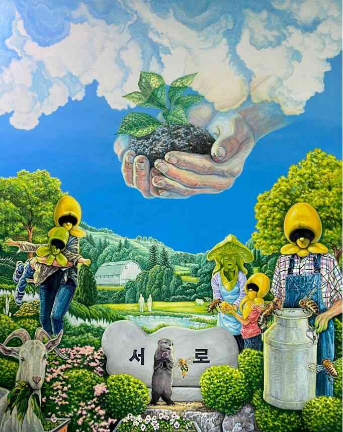 장종완, 서로 (Go West), 2023, Acrylic gouche on linen, pigment, glitter, 227.3 x 181.8 cm. 파운드리 서울 제공.