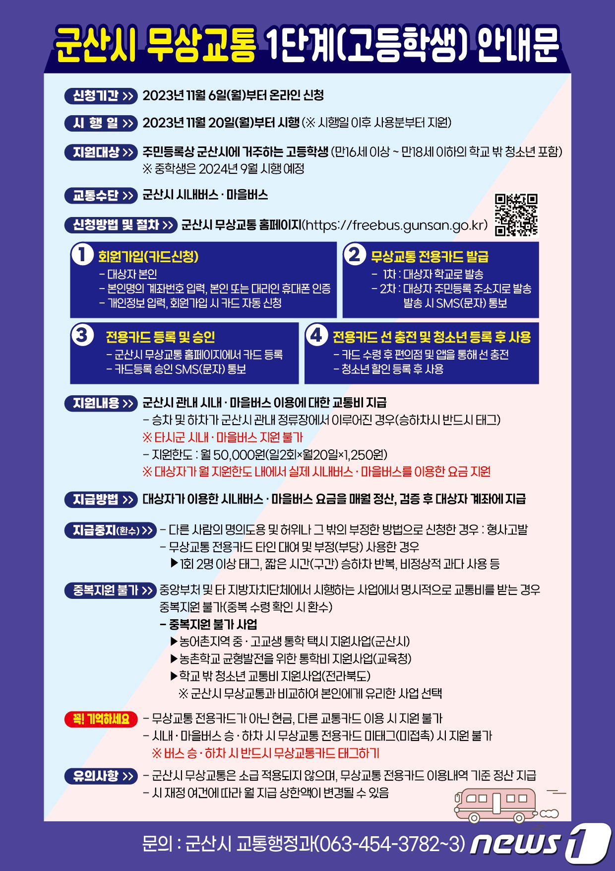 군산시가 시내버스 무상교통 1단계로 20일부터 고등학생을 대상으로 우선 시행한다.&#40;사진은 안내문&#41;/2023.11.8/뉴스1