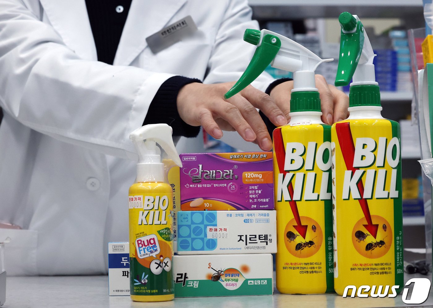 본문 이미지 - 최근 일상 속 빈대 공포가 확산하는 가운데 8일 서울 시내 한 약국에서 관련 의약품과 살충제가 진열돼 있다.  2023.11.8/뉴스1 ⓒ News1 이동해 기자