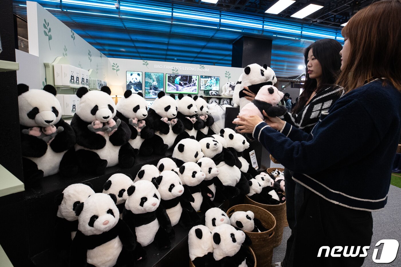 본문 이미지 - 9일 여의도 더현대 서울에 문을 연 푸바오 팝업스토어를 찾은 고객들이 인형을 살펴보고 있다. 2023.11.9/뉴스1 ⓒ News1 유승관 기자