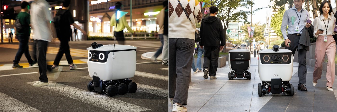 본문 이미지 - 실내외 배달로봇 딜리가 자율주행으로 배달하고 있다.(우아한형제들 제공) 