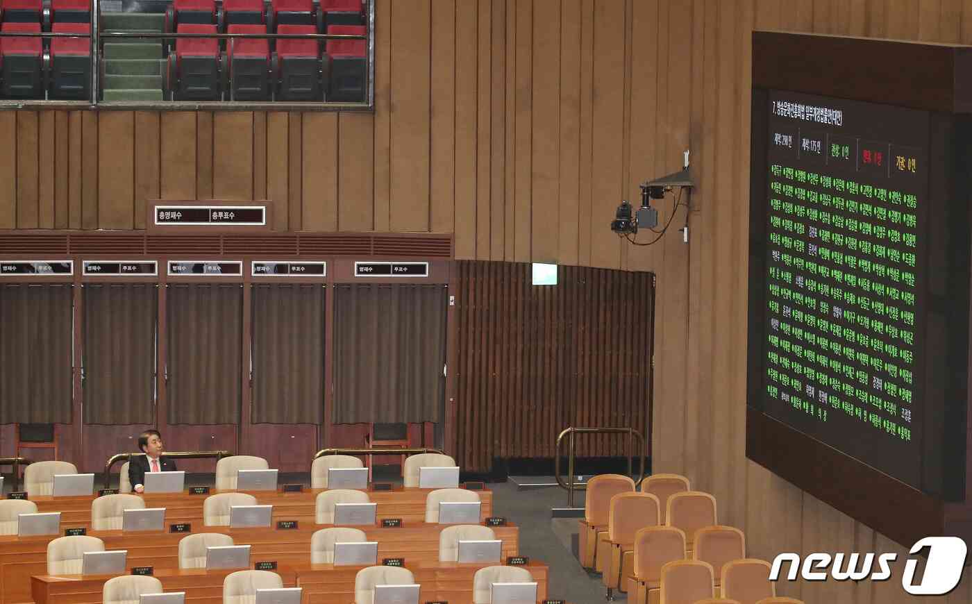 이동관 방송통신위원장이 9일 오후 서울 여의도 국회에서 열린 제410회 국회(정기회) 제11차 본회의에서 방송문화진흥회법 일부개정법률안(대안) 표결 결과를 바라보고 있다. 2023.11.9/뉴스1 © News1 임세영 기자