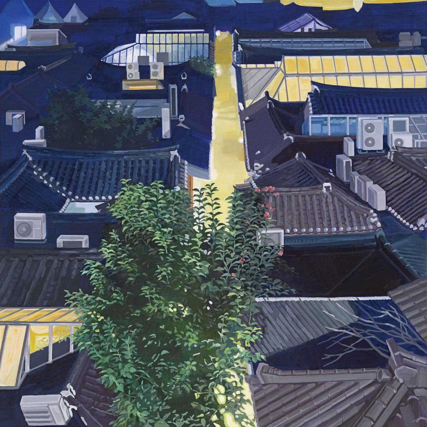 본문 이미지 - 윤정선_지붕들_여름밤, 2023, 캔버스에 아크릴,130.3x130.3cm. 금호미술관 제공.