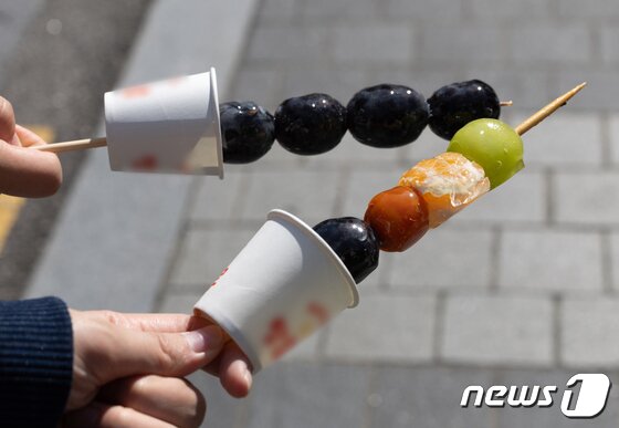 본문 이미지 - 지난 10월10일 오후 서울시내 거리에서 시민들이 탕후루를 들어 보이고 있다. 2023.10.10/뉴스1 ⓒ News1 이재명 기자