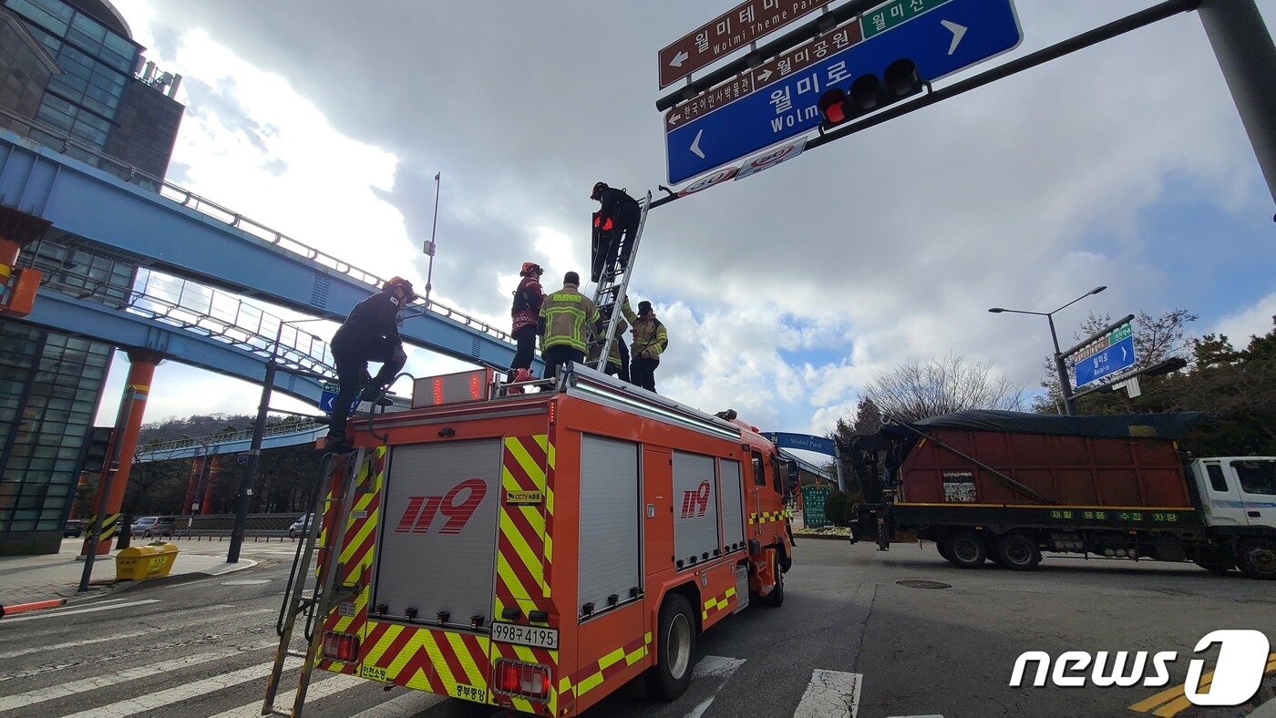 본문 이미지 - 16일 오후 1시11분께 인천 중구 북성동에서 한 도로의 신호등이 강한 바람에 흔들려 쓰러질 것 같다는 신고가 접수돼 현장에 출동한 소방대원들이 안전조치를 하고 있다.(인천소방본부 제공)2023.12.16 /뉴스1