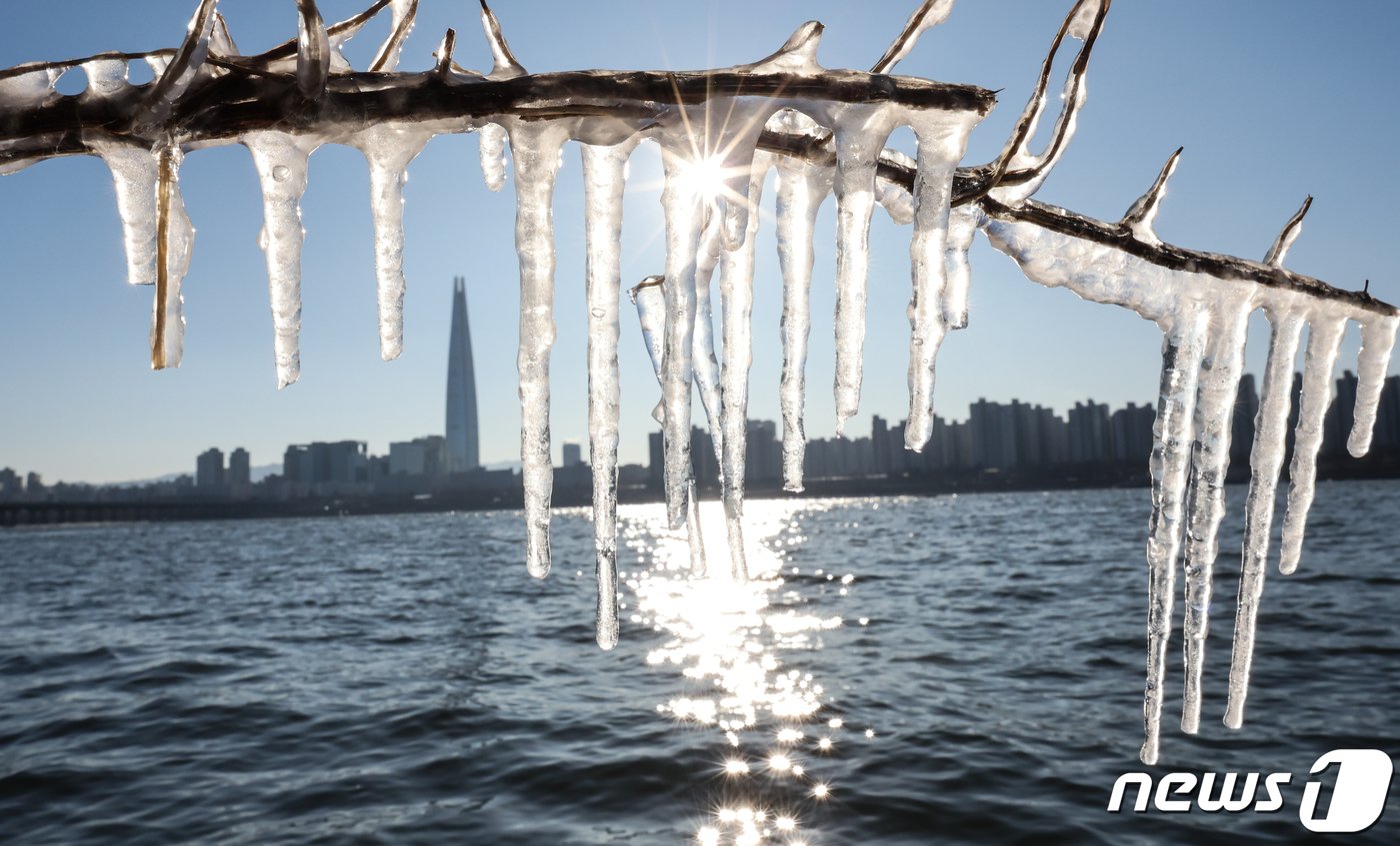본문 이미지 - 서울의 아침 기온이 영하 12도로 올겨울 들어 가장 추운 날씨를 기록한 17일 서울 광진구 뚝섬한강공원 주변 나뭇가지에 고드름이 매달려 있다. 2023.12.17/뉴스1 ⓒ News1 허경 기자