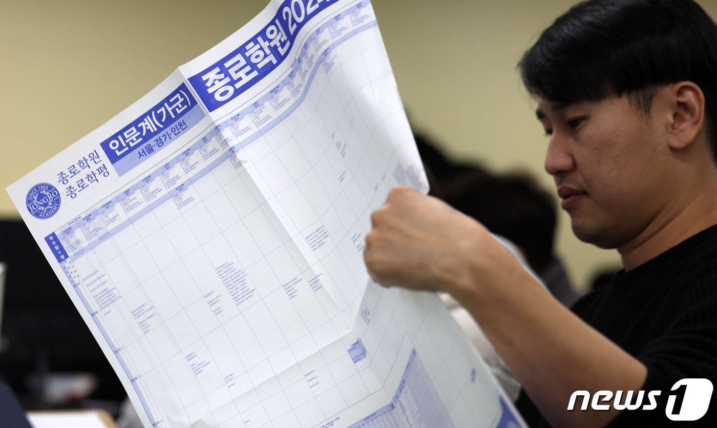 (서울=뉴스1) 김성진 기자 = 2024학년도 대학수학능력시험을 본 수험생이 18일 서울 양천구 목동 종로학원에서 배치참고표를 보며 진학 상담을 하고 있다. 2023.12.18/뉴 …