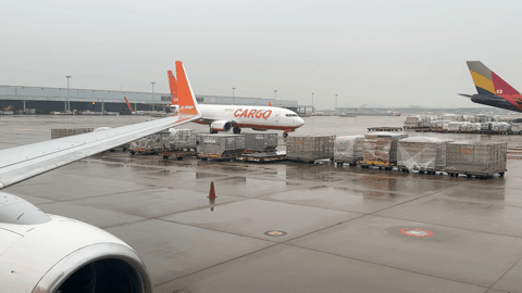 본문 이미지 - 제주항공 화물기가 계류장으로 들어오고 있다. 2023.12.14/뉴스1 ⓒ News1 금준혁 기자