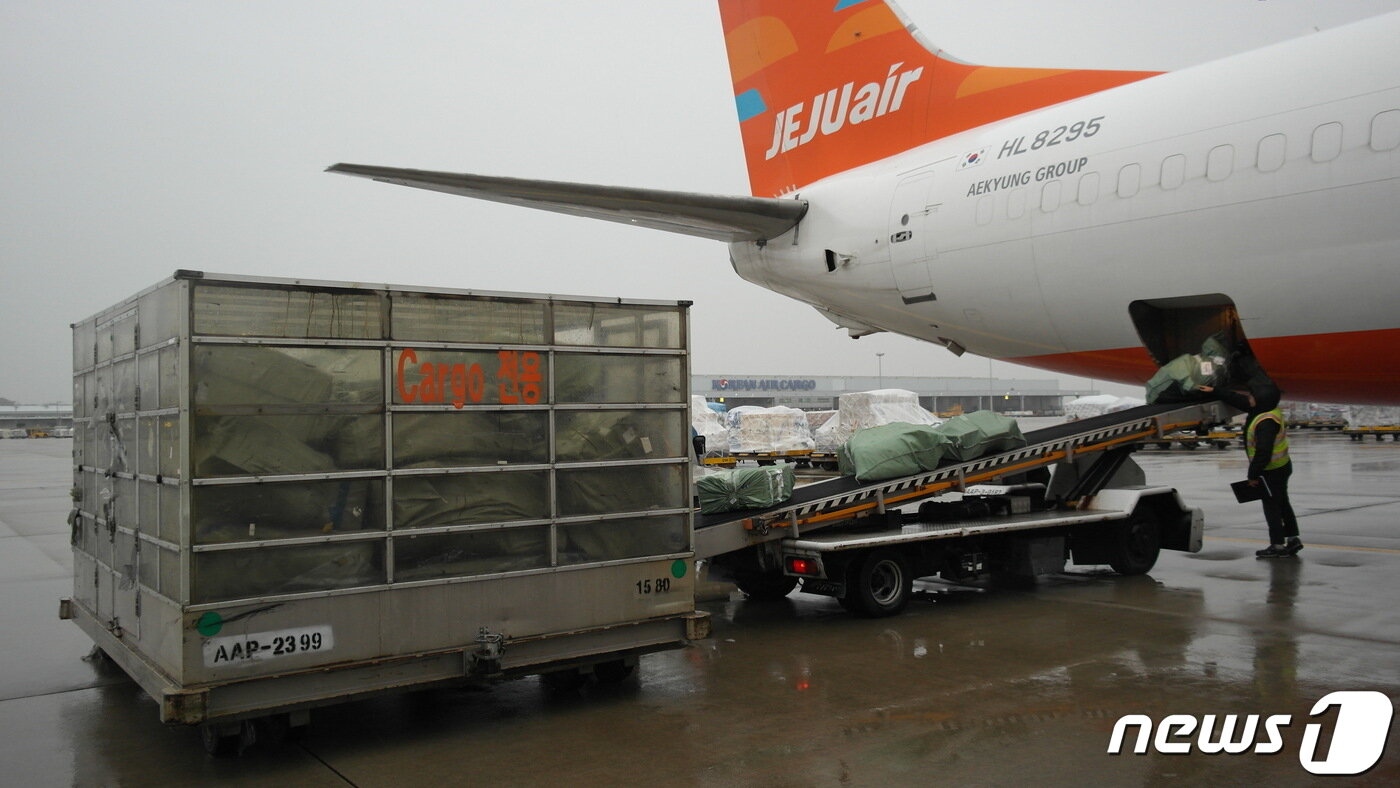 본문 이미지 - 인천공항 화물청사에서 지상조업인력이 제주항공 화물기에 화물을 내리고 있다. 2023.12.14/뉴스1 ⓒ News1 금준혁 기자