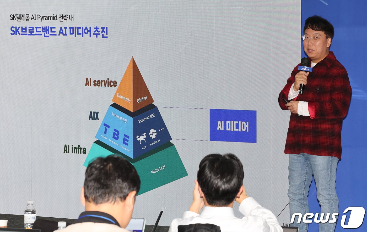 본문 이미지 - 김혁 SK브로드밴드 미디어CO 담당이 20일 서울 중구 SK남산빌딩에서 기자간담회를 열고 ‘AI B tv’를 소개하고 있다. SK브로드밴드는 인공지능(AI)과 인터넷TV(IPTV)를 결합한 ‘AI B tv’를 공개했다. AI B tv는 업계 최초로 TV를 보는 이용자를 자동으로 인식해 맞춤형 콘텐츠를 제공하는 자동개인식별(Auto Detection) 기능을 구현한 게 특징이다. 2023.12.20/뉴스1 ⓒ News1 허경 기자