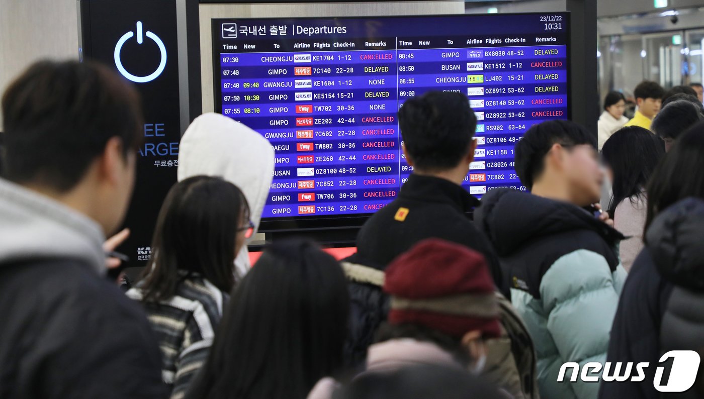 본문 이미지 - 폭설로 제주국제공항 활주로가 폐쇄된 데 이어 결항편이 속출하고 있는 22일 오전 제주공항 국내선 출발장 전광판에 결항 안내가 뜨고 있다. 2023.12.22/뉴스1 ⓒ News1 오현지 기자