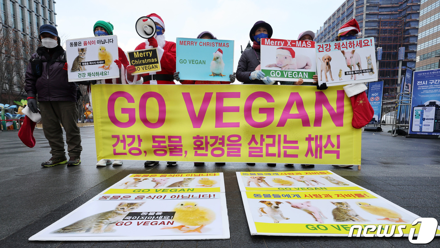 (서울=뉴스1) 이동해 기자 = 산타복을 입은 한국채식연합과 비건(VEGAN) 세상을 위한 시민모임 활동가들이 25일 오후 서울 광화문 광장에서 동물복지·동물권리·비건 채식 촉구 …