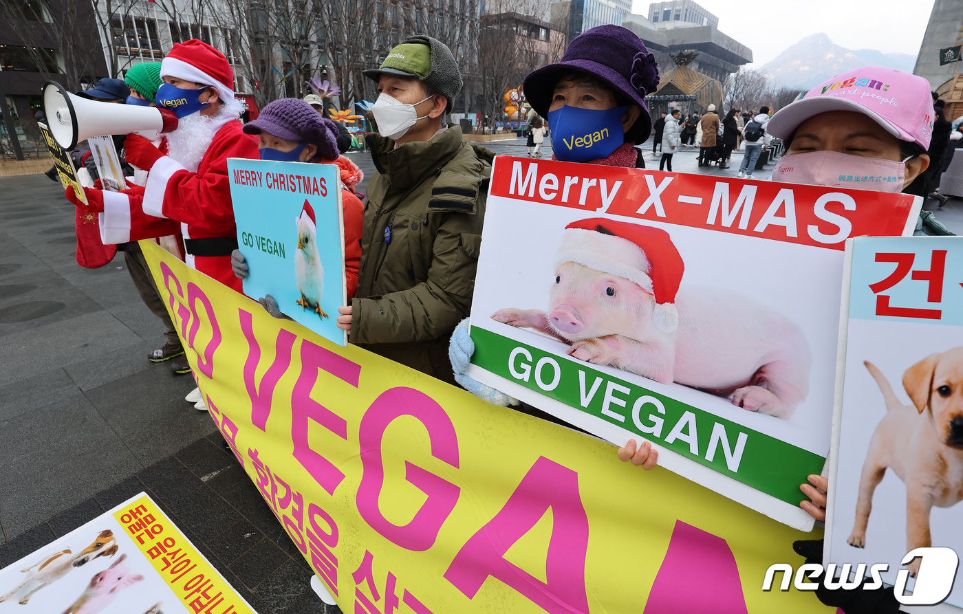 (서울=뉴스1) 이동해 기자 = 산타복을 입은 한국채식연합과 비건(VEGAN) 세상을 위한 시민모임 활동가들이 25일 오후 서울 광화문 광장에서 동물복지·동물권리·비건 채식 촉구 …