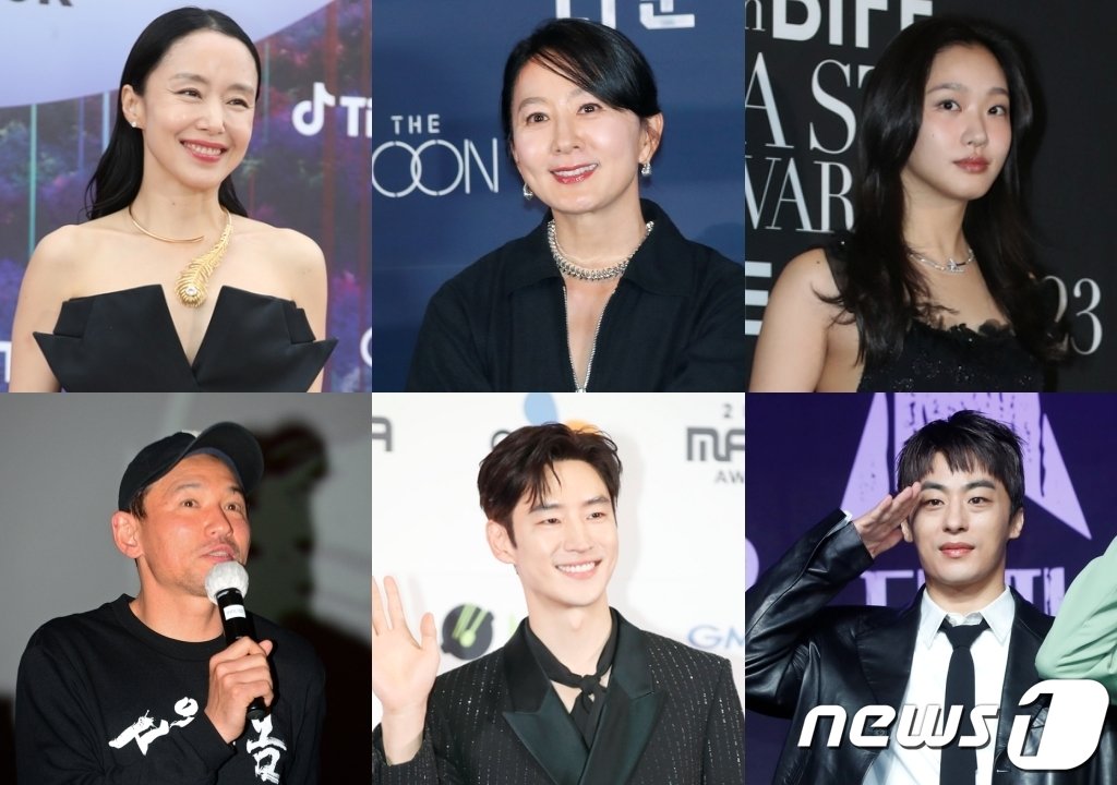 본문 이미지 - 플러스엠 엔터테인먼트 2024 신작 주연들=전도연 김희애 김고은 구교환 이제훈 황정민(왼쪽위부터 시계방향) / 뉴스1 DB