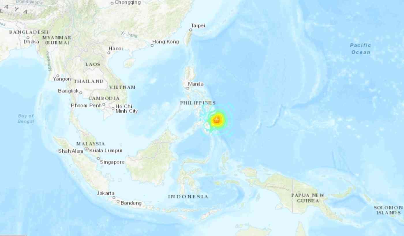 지난 2일(현지시간) 밤 오후 11시 37분쯤 필리핀 민다나오섬 인근에선 리히터 규모 7.6의 강진이 발생했다. (미국지질조사국 갈무리)