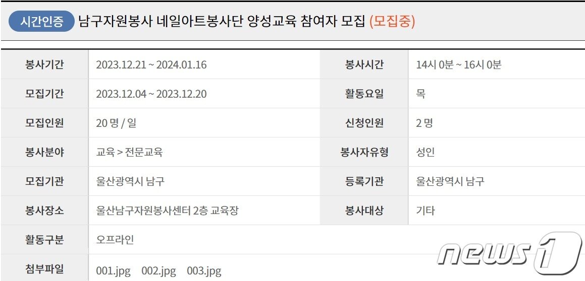 본문 이미지 - 1365 자원봉사포털 갈무리. 20명의 자원봉사자를 모집하고 있지만현재 2명이 신청한 상태다.