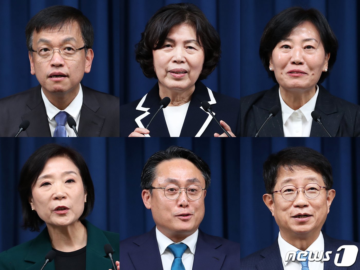 본문 이미지 - 윗줄 왼쪽부터 시계방향으로 최상목 경제부총리 겸 기획재정부 장관 후보자, 강정애 국가보훈부 장관 후보자, 송미령 농림축산식품부 장관 후보자, 박상우 국토교통부 장관 후보자, 강도형 해양수산부 장관 후보자, 오영주 중소벤처기업부 장관 후보자. 2023.12.4/뉴스1 ⓒ News1 오대일 기자