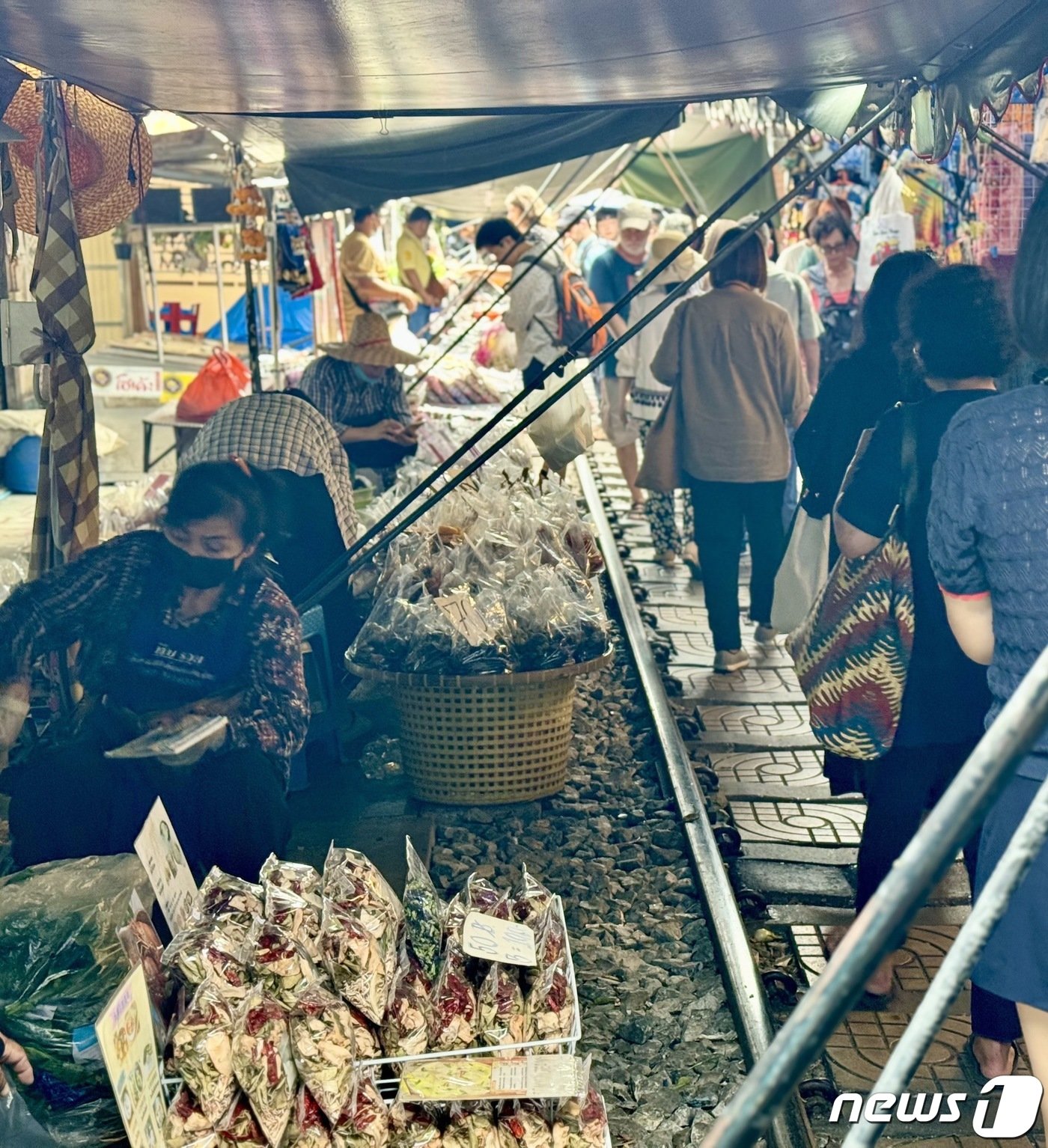 본문 이미지 - 태국 암파와에 있는 '매끌렁 기찻길 시장'은 기찻길 위에 만들어졌다. ⓒ News1 이민주 기자