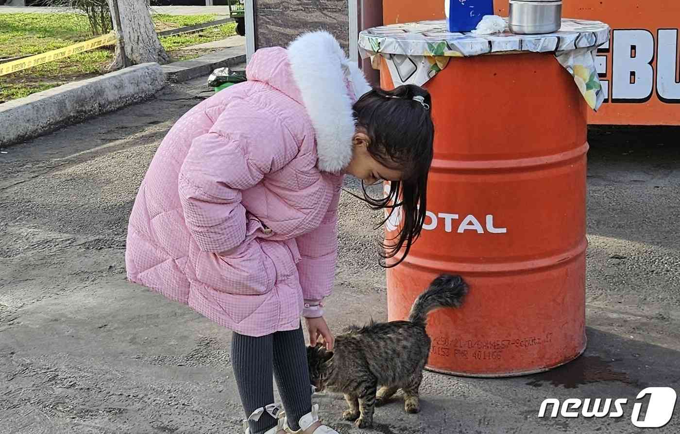 타슈켄트 시장에서 고양이를 쓰다듬고 있는 우즈베키스탄 소녀 © 뉴스1 최서윤 기자