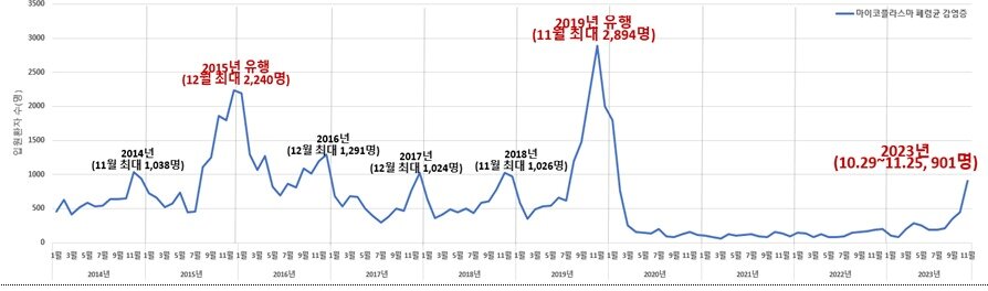 본문 이미지 - 최근 10년간 월별 마이코플라스마 폐렴 입원환자 발생현황. &#40;질병청 제공&#41;