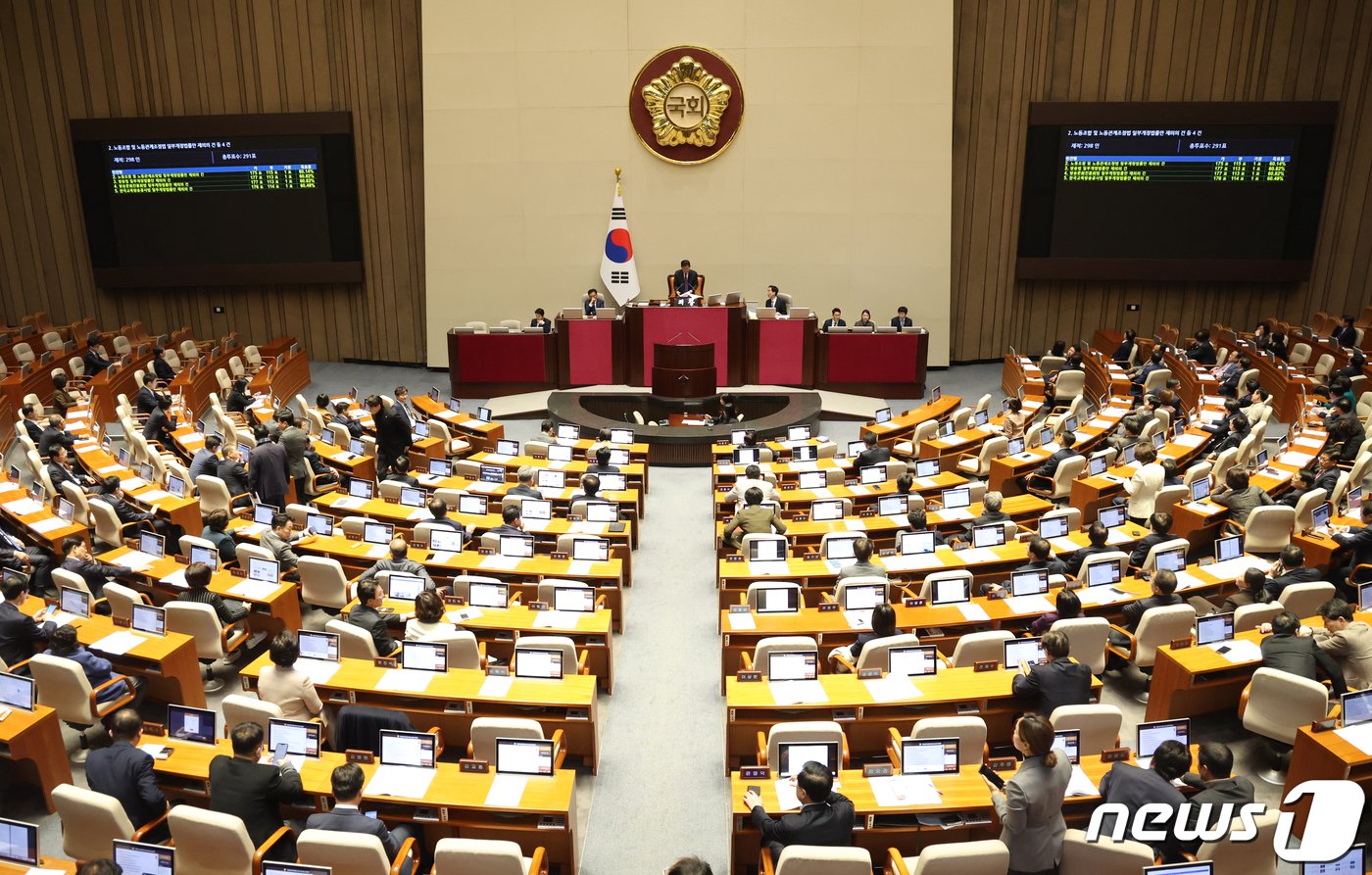 본문 이미지 - 8일 서울 여의도 국회 본회의장에서 열린 제410회국회(정기회) 제14차 본회의에서 재표결로 상정된 노조법 2·3조 개정안(노란봉투법)과 방송법·방송문화진흥회법·한국교육방송공사법 개정안(방송3법)이 부결되고 있다. 2023.12.8/뉴스1 ⓒ News1 송원영 기자