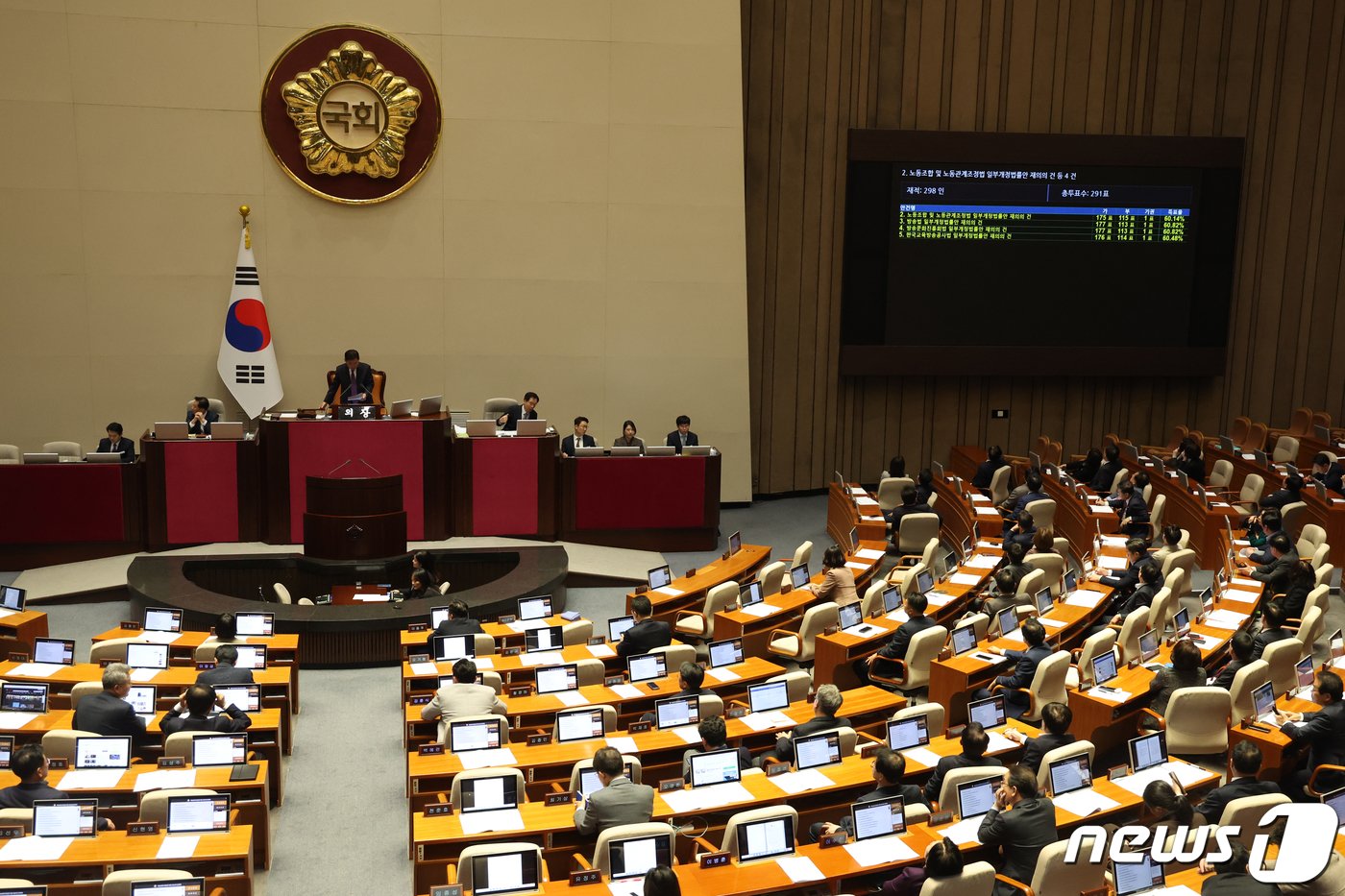 본문 이미지 - 8일 서울 여의도 국회 본회의장에서 열린 제410회국회(정기회) 제14차 본회의에서 재표결로 상정된 노조법 2·3조 개정안(노란봉투법)과 방송법·방송문화진흥회법·한국교육방송공사법 개정안(방송3법)이 부결되고 있다. 2023.12.8/뉴스1 ⓒ News1 송원영 기자