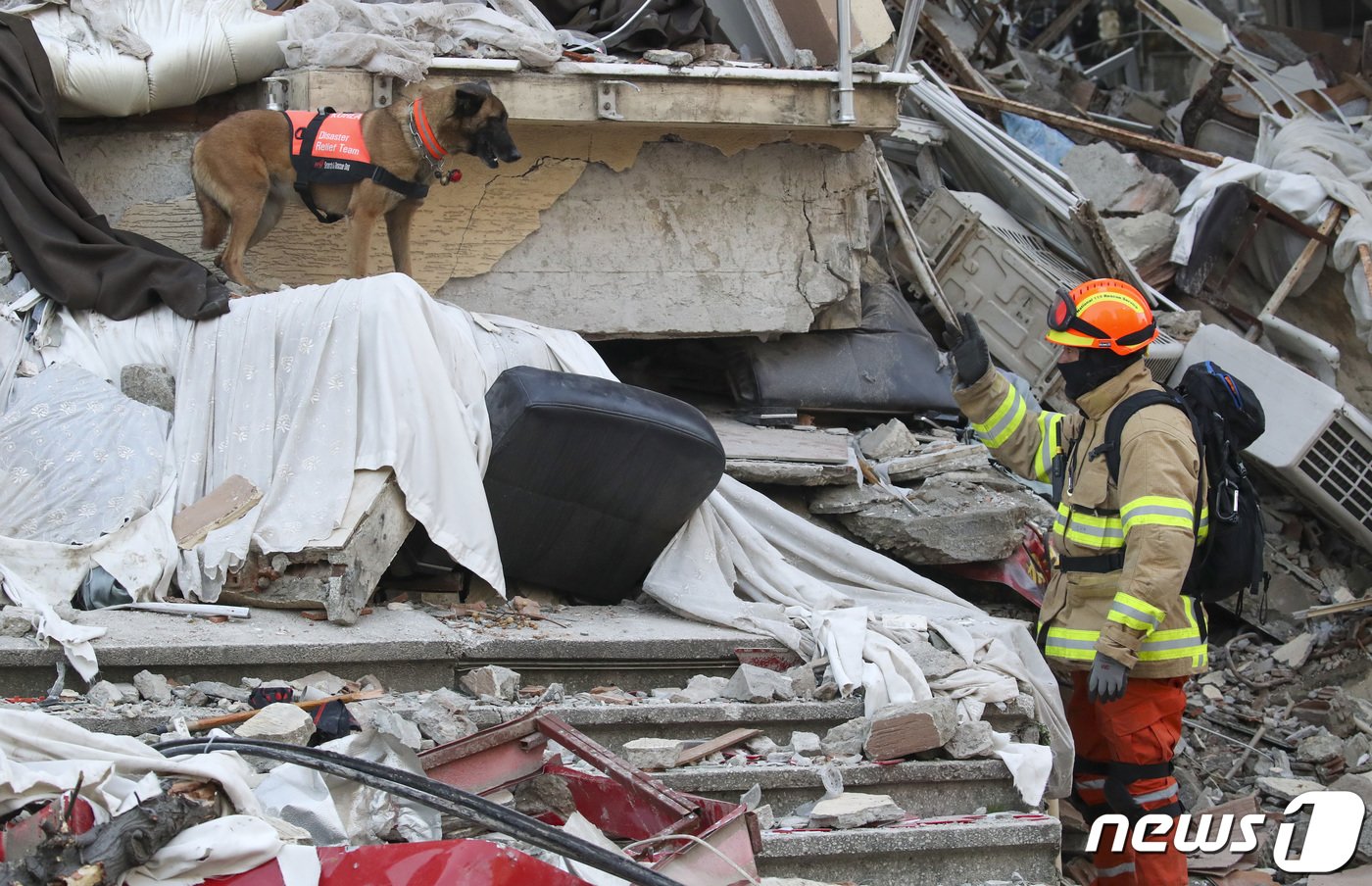 본문 이미지 - 12일 오전(현지시간) 튀르키예 하타이 주 안타키아 지진 피해 현장에서 대한민국긴급구호대(KDRT)가 구조활동을 하고 있다. 2023.2.12/뉴스1 ⓒ News1 김도우 기자