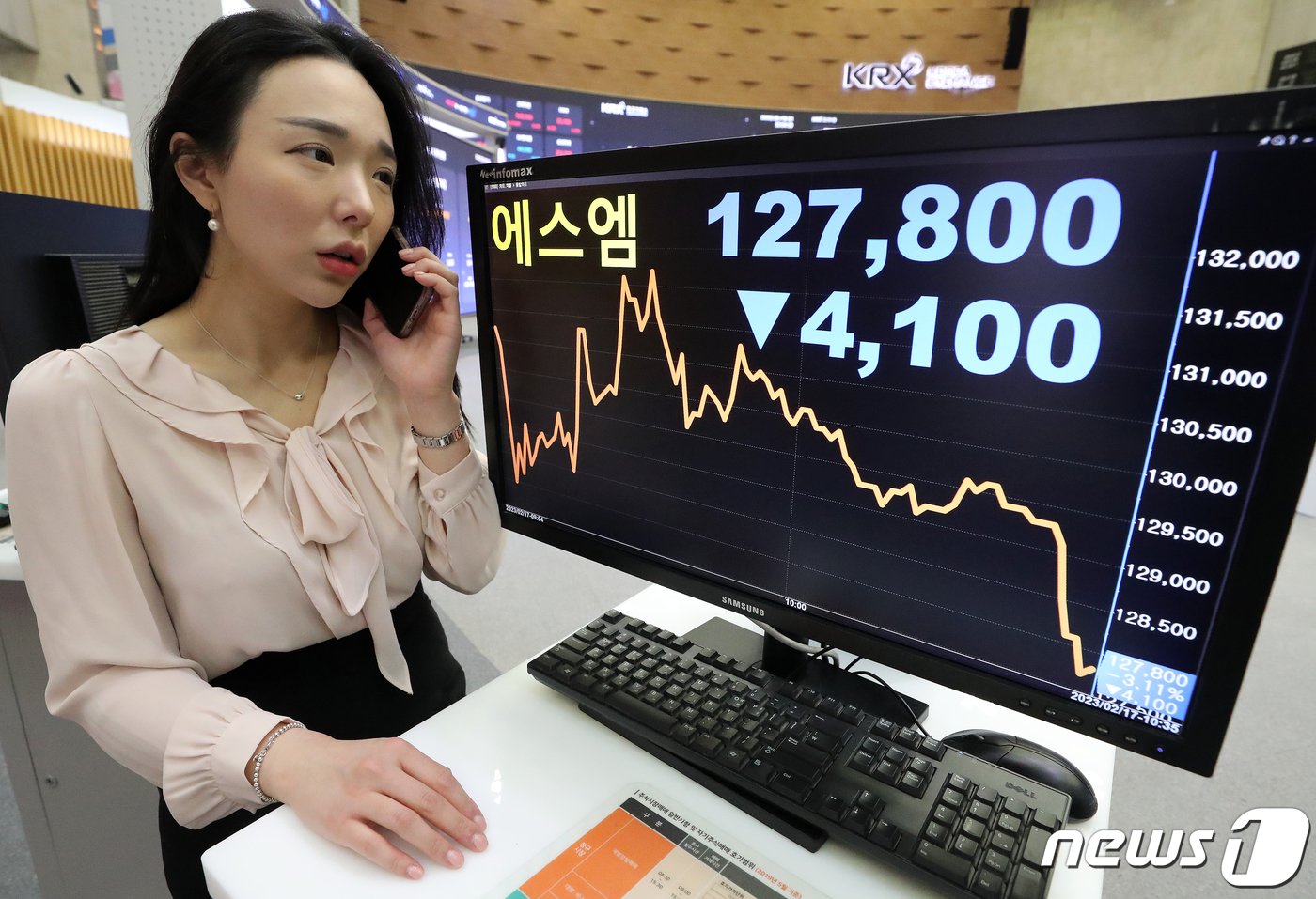 본문 이미지 - 이날 서울 여의도 한국거래소 홍보관 모니터에 표시된 SM 주가 추이. 2023.2.17/뉴스1 ⓒ News1 김진환 기자