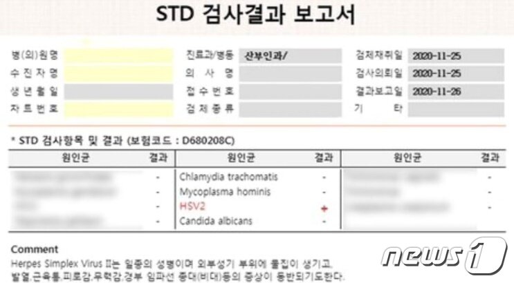 한 여성이 &#39;나는 솔로&#39; 남성 출연자로부터 성병을 옮았다고 주장하며 검사 결과 보고서를 공개했다. &#40;온라인 커뮤니티 갈무리&#41;