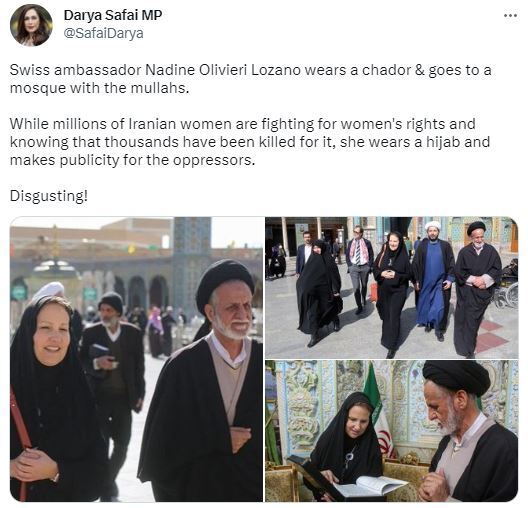 본문 이미지 - 22일(현지시간) 다리야 사파이 벨기에 의원이 로자노 스위스 대사를 비판하며 올린 트위터 게시글 (출처 : @SafaiDarya)