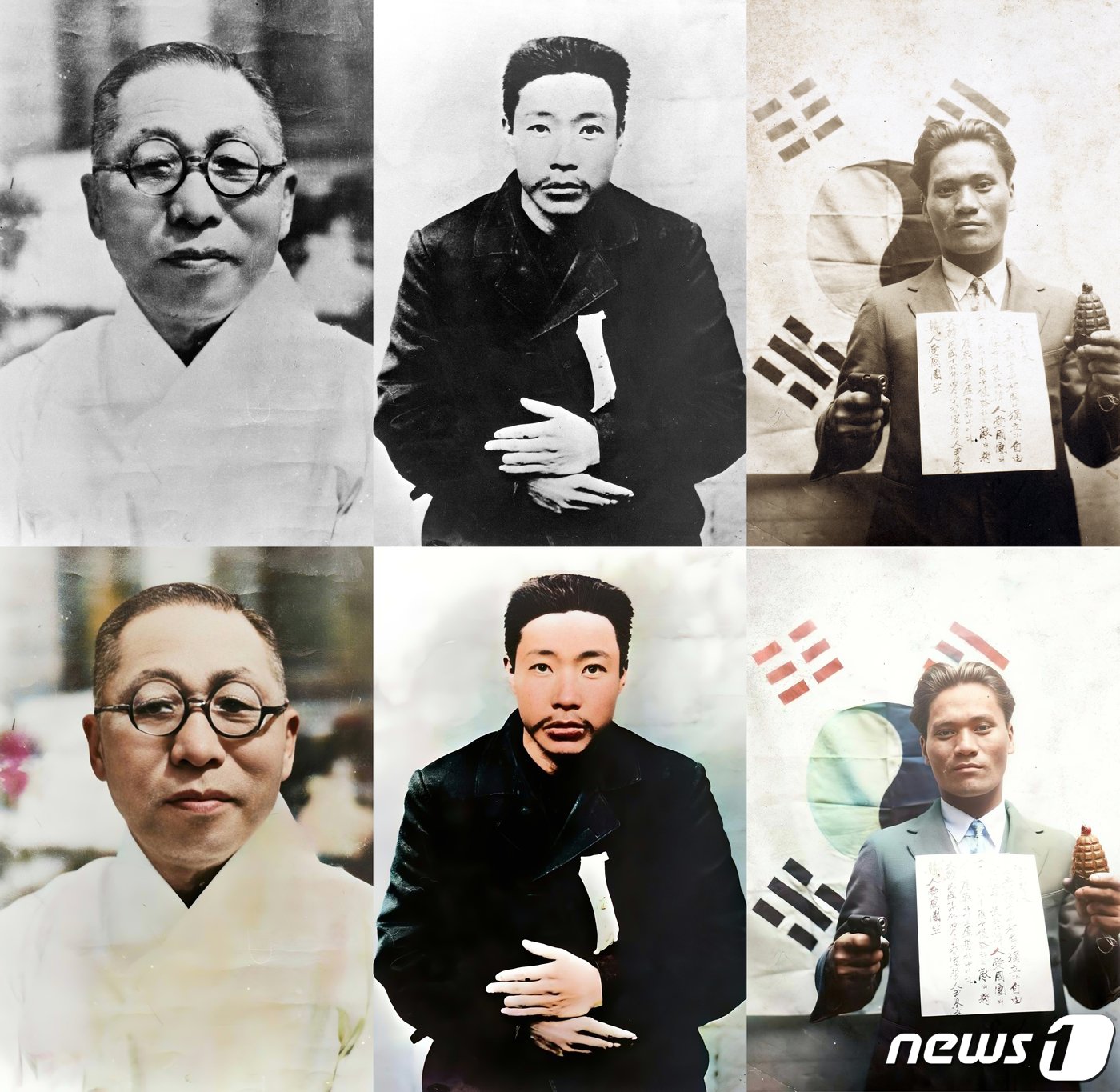 본문 이미지 - 사진은 김구(왼쪽부터), 안중근 의사, 윤봉길 의사의 색채사진 복원 전과 후 모습. (국가보훈처 제공) 2023.2.27/뉴스1