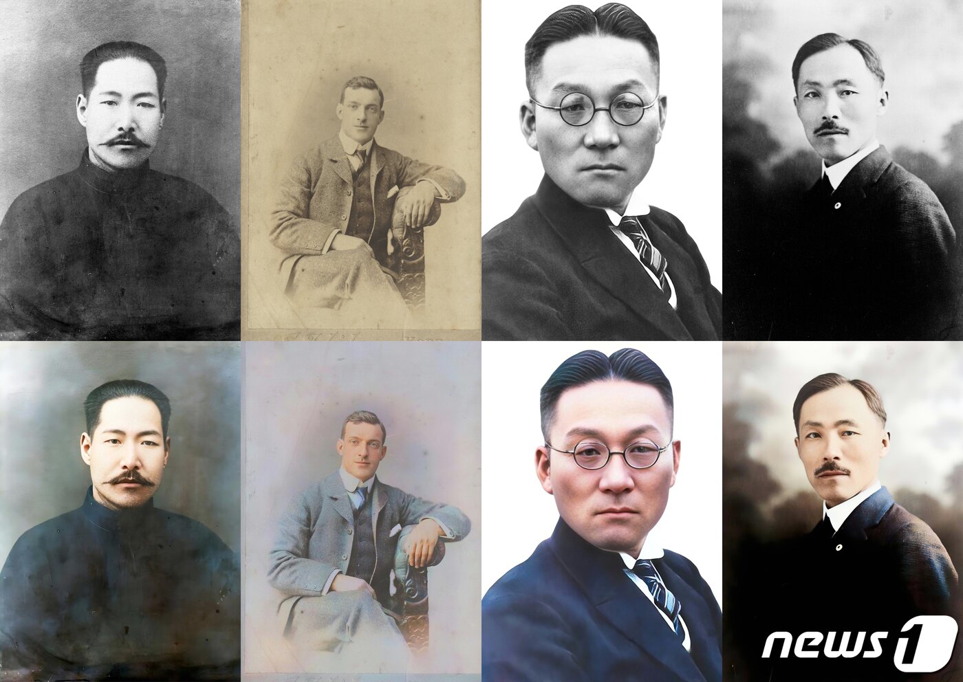 본문 이미지 - 사진은 김좌진 장군(왼쪽부터), 어니스트 토마스 베델, 송진우 선생, 안창호 선생의 색채사진 복원 전과 후 모습. (국가보훈처 제공) 2023.2.27/뉴스1