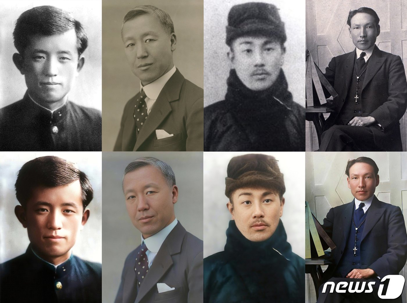 본문 이미지 - 사진은 윤동주 시인(왼쪽부터), 이승만, 이회영, 조소앙의 색채사진 복원 전과 후 모습. (국가보훈처 제공) 2023.2.27/뉴스1